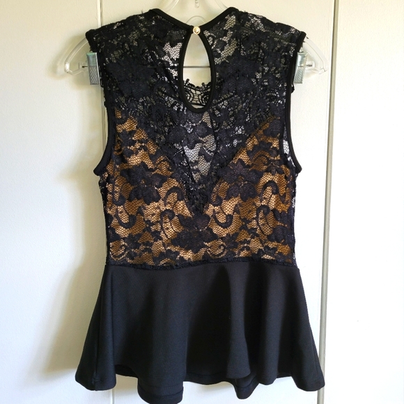 Revamped black lace and nude peplum top blouse. Size Large - Picture 8 of 11